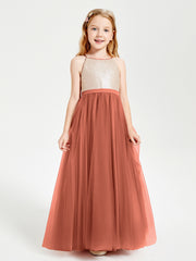 Sequined Top Long Tulle Junior Bridesmaid Gown Rust