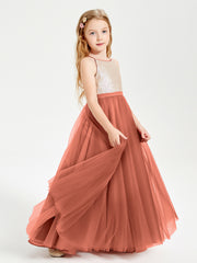 Sequined Top Long Tulle Junior Bridesmaid Gown Rust
