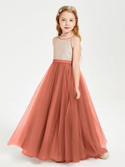 Sequined Top Long Tulle Junior Bridesmaid Gown Rust