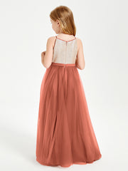 Sequined Top Long Tulle Junior Bridesmaid Gown Rust