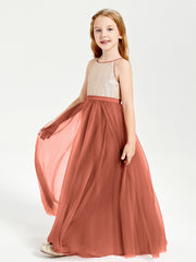 Sequined Top Long Tulle Junior Bridesmaid Gown Rust