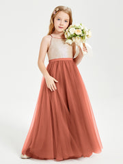 Sequined Top Long Tulle Junior Bridesmaid Gown Rust