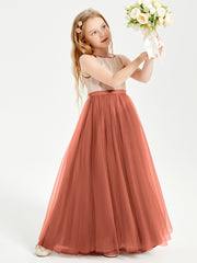 Sequined Top Long Tulle Junior Bridesmaid Gown Rust