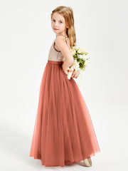 Sequined Top Long Tulle Junior Bridesmaid Gown Rust