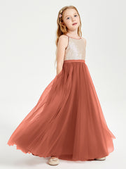 Sequined Top Long Tulle Junior Bridesmaid Gown Rust