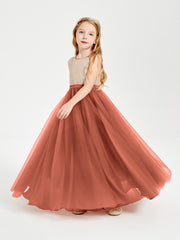 Sequined Top Long Tulle Junior Bridesmaid Gown Rust