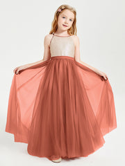 Sequined Top Long Tulle Junior Bridesmaid Gown Rust