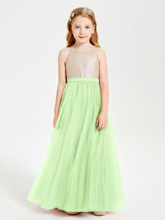 Sequined Top Long Tulle Junior Bridesmaid Gown Sage