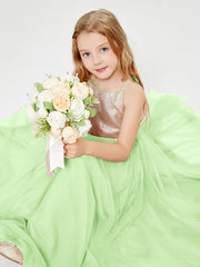 Sequined Top Long Tulle Junior Bridesmaid Gown Sage