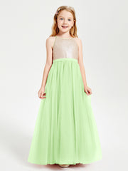 Sequined Top Long Tulle Junior Bridesmaid Gown Sage