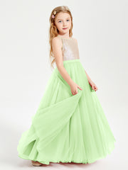 Sequined Top Long Tulle Junior Bridesmaid Gown Sage