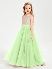 Sequined Top Long Tulle Junior Bridesmaid Gown Sage