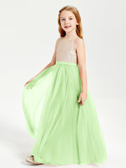 Sequined Top Long Tulle Junior Bridesmaid Gown Sage