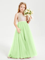 Sequined Top Long Tulle Junior Bridesmaid Gown Sage
