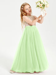 Sequined Top Long Tulle Junior Bridesmaid Gown Sage