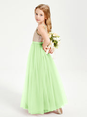 Sequined Top Long Tulle Junior Bridesmaid Gown Sage