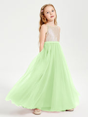 Sequined Top Long Tulle Junior Bridesmaid Gown Sage