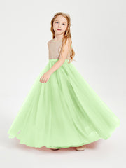 Sequined Top Long Tulle Junior Bridesmaid Gown Sage