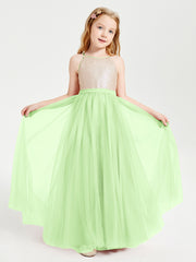 Sequined Top Long Tulle Junior Bridesmaid Gown Sage