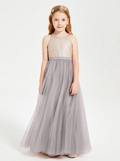 Sequined Top Long Tulle Junior Bridesmaid Gown Silver