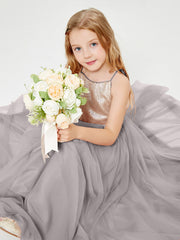 Sequined Top Long Tulle Junior Bridesmaid Gown Silver