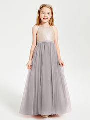 Sequined Top Long Tulle Junior Bridesmaid Gown Silver