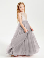 Sequined Top Long Tulle Junior Bridesmaid Gown Silver