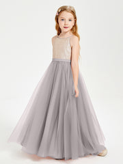 Sequined Top Long Tulle Junior Bridesmaid Gown Silver