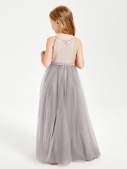 Sequined Top Long Tulle Junior Bridesmaid Gown Silver