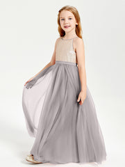 Sequined Top Long Tulle Junior Bridesmaid Gown Silver