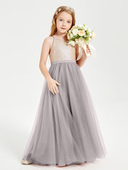 Sequined Top Long Tulle Junior Bridesmaid Gown Silver