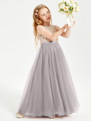 Sequined Top Long Tulle Junior Bridesmaid Gown Silver