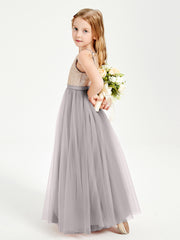Sequined Top Long Tulle Junior Bridesmaid Gown Silver