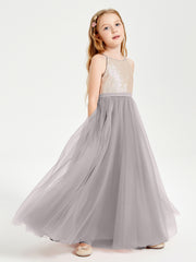 Sequined Top Long Tulle Junior Bridesmaid Gown Silver