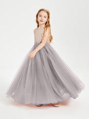 Sequined Top Long Tulle Junior Bridesmaid Gown Silver