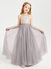 Sequined Top Long Tulle Junior Bridesmaid Gown Silver