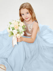 Sequined Top Long Tulle Junior Bridesmaid Gown Sky Blue