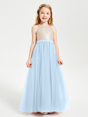 Sequined Top Long Tulle Junior Bridesmaid Gown Sky Blue