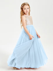 Sequined Top Long Tulle Junior Bridesmaid Gown Sky Blue