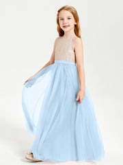 Sequined Top Long Tulle Junior Bridesmaid Gown Sky Blue