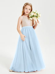 Sequined Top Long Tulle Junior Bridesmaid Gown Sky Blue