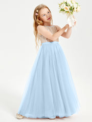 Sequined Top Long Tulle Junior Bridesmaid Gown Sky Blue