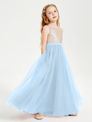 Sequined Top Long Tulle Junior Bridesmaid Gown Sky Blue