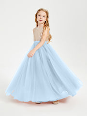 Sequined Top Long Tulle Junior Bridesmaid Gown Sky Blue