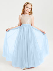 Sequined Top Long Tulle Junior Bridesmaid Gown Sky Blue