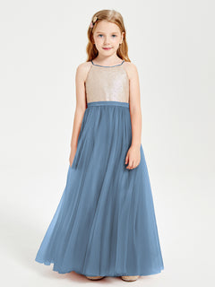 Sequined Top Long Tulle Junior Bridesmaid Gown Slate Blue