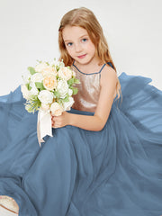 Sequined Top Long Tulle Junior Bridesmaid Gown Slate Blue