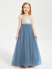 Sequined Top Long Tulle Junior Bridesmaid Gown Slate Blue