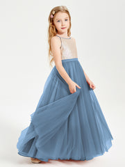 Sequined Top Long Tulle Junior Bridesmaid Gown Slate Blue