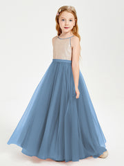 Sequined Top Long Tulle Junior Bridesmaid Gown Slate Blue